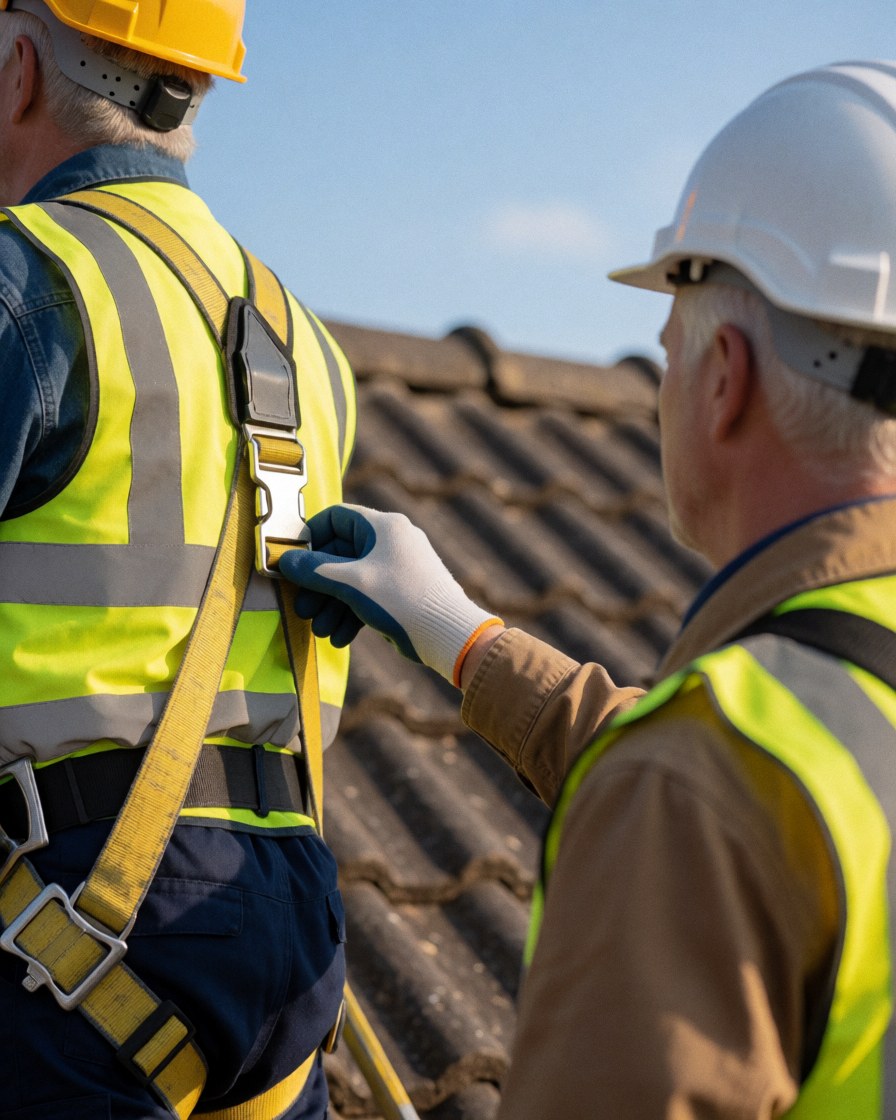 Un travailleur ajuste sa ceinture de sécurité sur un toit en tuiles, portant un casque et un gilet réfléchissant sous un soleil éclatant.