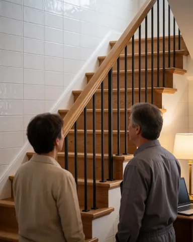Une cliente et un professionnel examinent un escalier en bois avec une rambarde métallique dans un intérieur aux murs carrelés et à l'éclairage chaleureux.