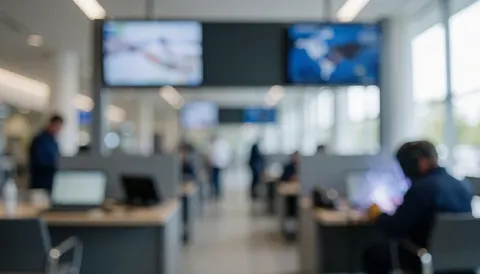 Arrière-plan de bureau moderne avec écrans numériques, tables de travail et lumière naturelle, idéal pour textes sur services professionnels