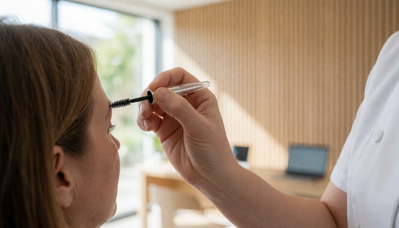 Application de gel pour sourcils réalisée par une technicienne dans un salon de beauté avec un mur en bois et une lumière naturelle.