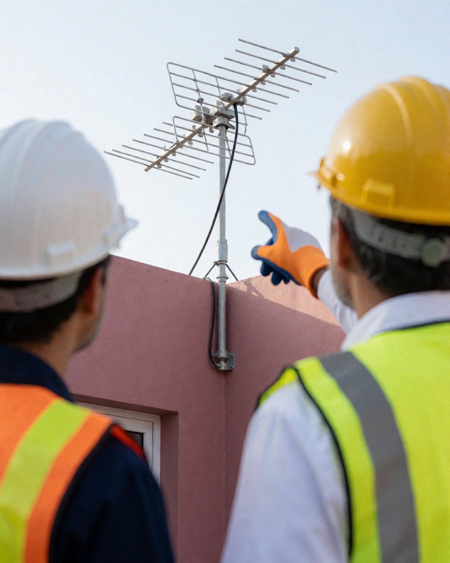 Deux installateurs en casques et gilets de sécurité indiquent une antenne UHF posée sur un mur rose sous un ciel clair.