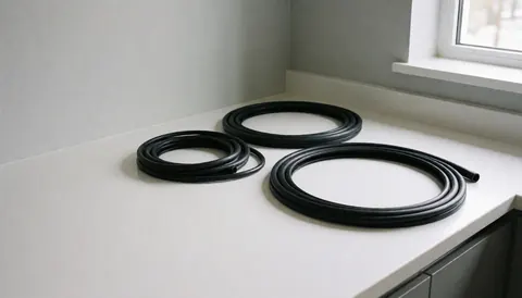 Trois joints noirs de lave-vaisselle posés sur un comptoir blanc, avec des murs gris clair et une lumière naturelle provenant d'une fenêtre.