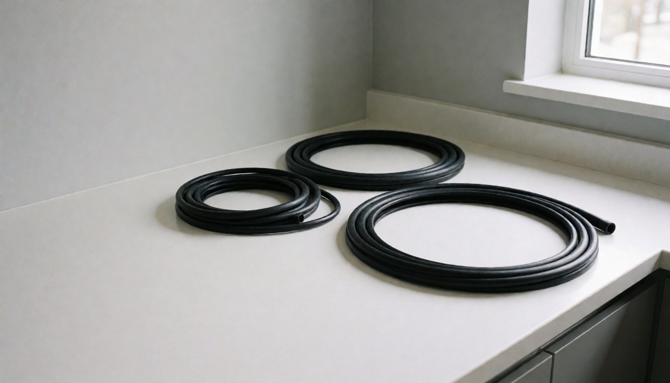 Trois joints noirs de lave-vaisselle posés sur un comptoir blanc, avec des murs gris clair et une lumière naturelle provenant d'une fenêtre.