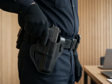 Gant noir touchant une arme dans son étui sur la ceinture d'un uniforme de sécurité près d'un mur en bois clair