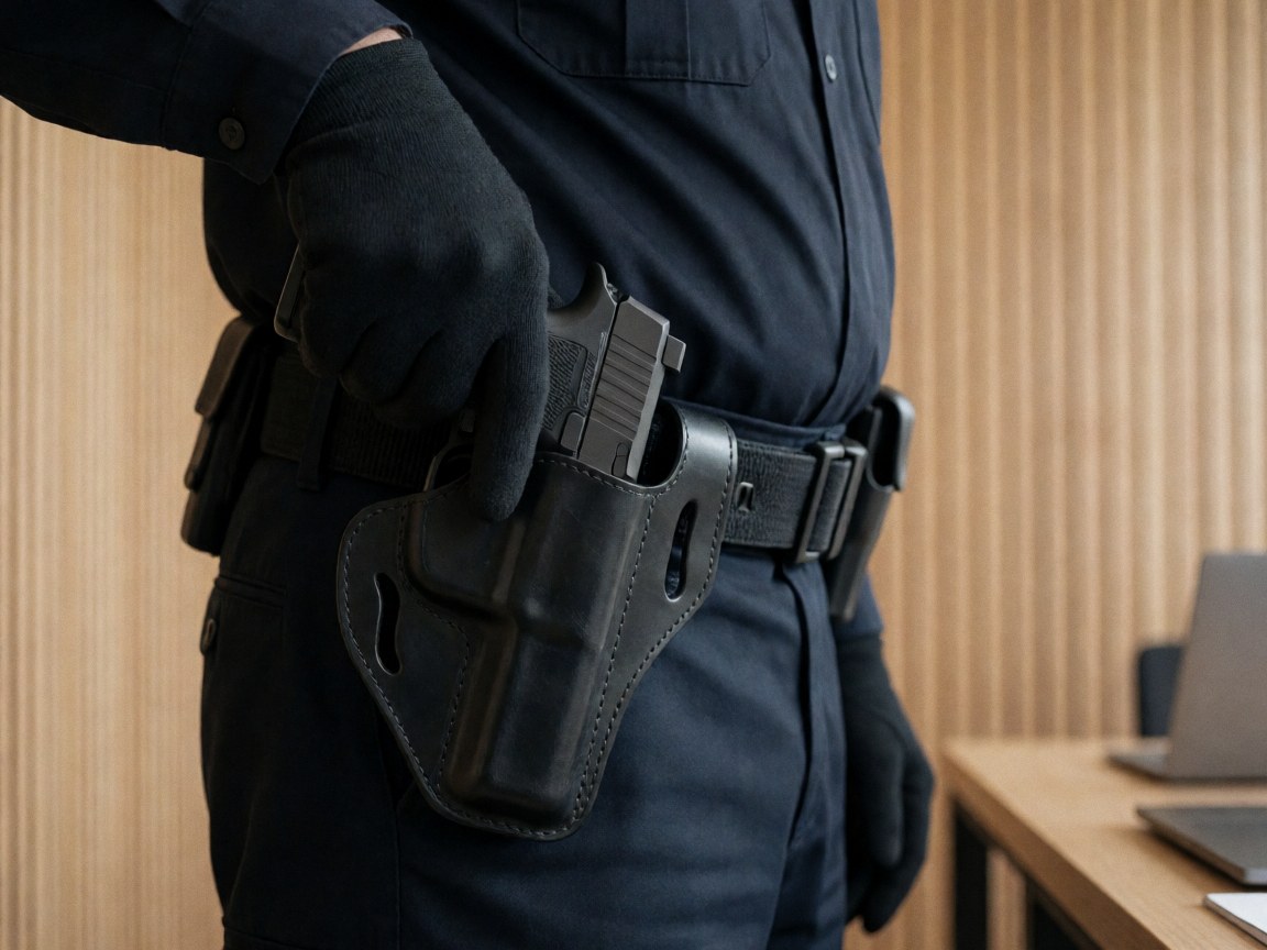 Gant noir touchant une arme dans son étui sur la ceinture d'un uniforme de sécurité près d'un mur en bois clair