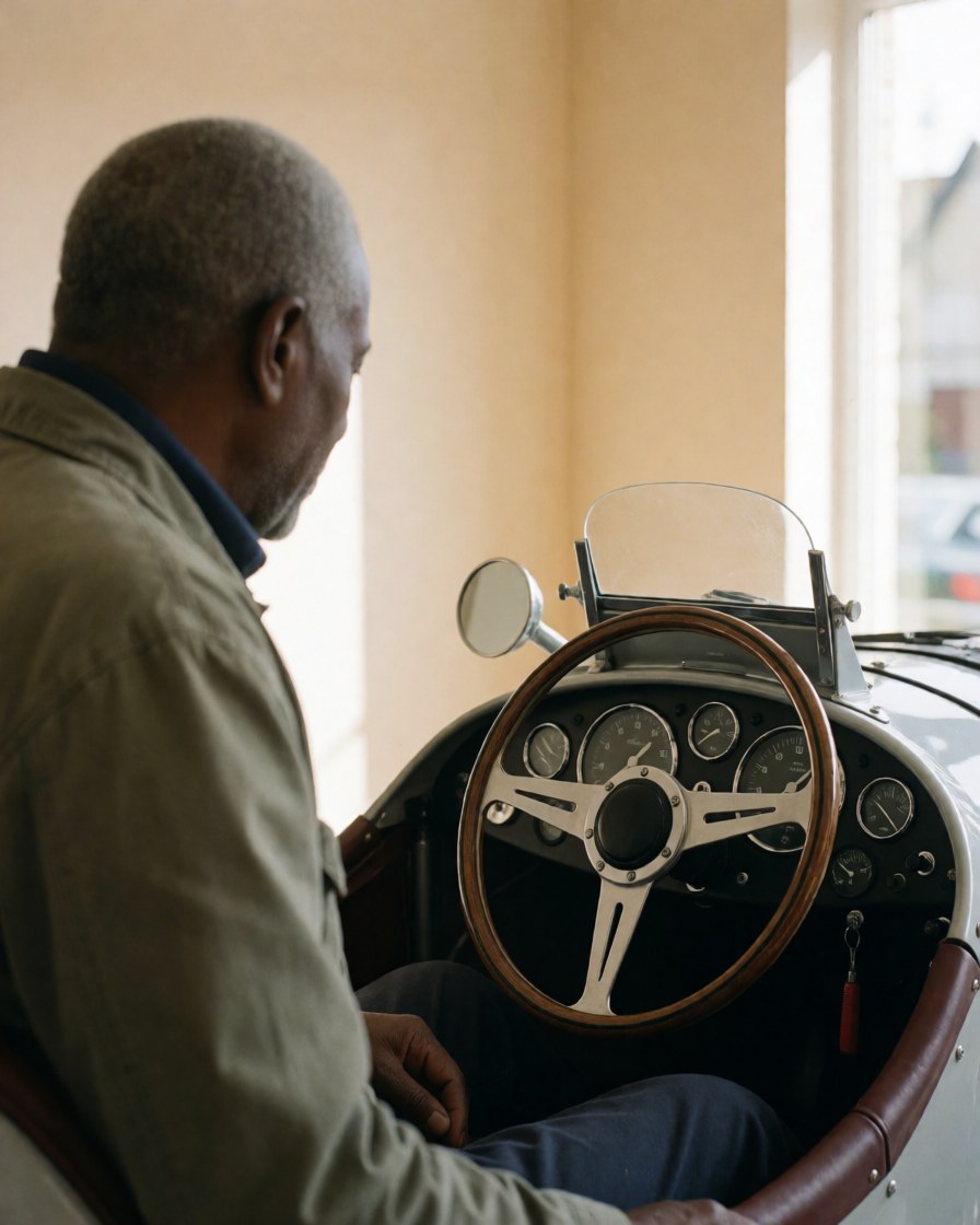 Un client examine le tableau de bord d'une voiture vintage avec un volant en bois et un compteur analogique dans un atelier aux murs beige.
