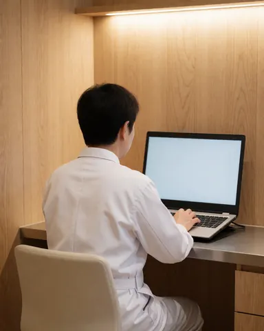Vue arrière d'un professionnel en uniforme blanc travaillant sur un ordinateur portable dans un bureau avec un bureau en bois clair et un éclairage doux.