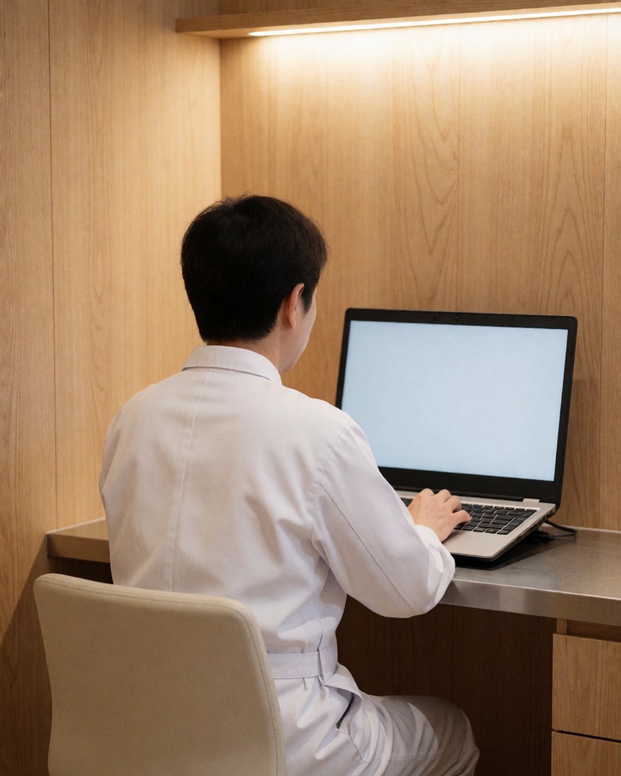 Vue arrière d'un professionnel en uniforme blanc travaillant sur un ordinateur portable dans un bureau avec un bureau en bois clair et un éclairage doux.