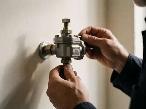 Gros plan sur des mains ajustant une vanne de gaz fixée sur un mur peint, mettant en évidence la précision du travail industriel et les détails techniques.