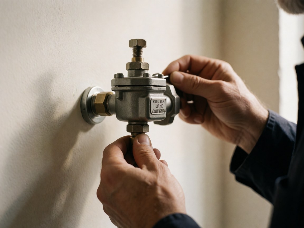 Gros plan sur des mains ajustant une vanne de gaz fixée sur un mur peint, mettant en évidence la précision du travail industriel et les détails techniques.