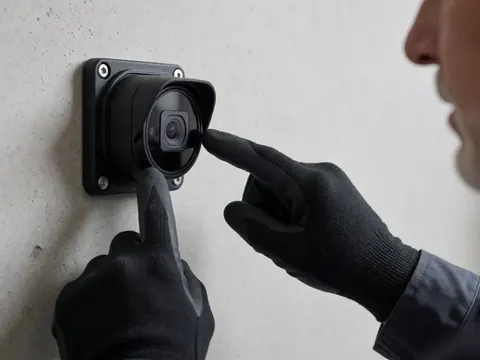 Un technicien portant des gants installe une caméra de sécurité sur un mur en béton, avec un focus sur les détails du montage et les outils utilisés.