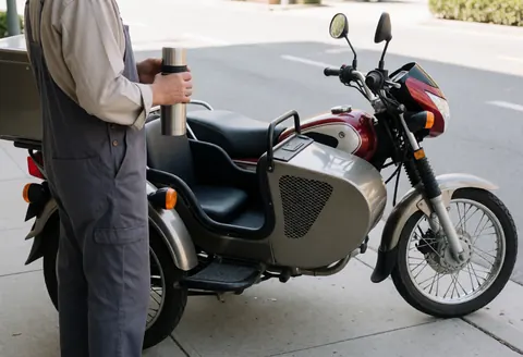 Moto équipée d'un sidecar stationnée sur le trottoir, conducteur en combinaison tenant un thermos, scène de mototaxi prête à intervenir avec une bonne ventilation.
