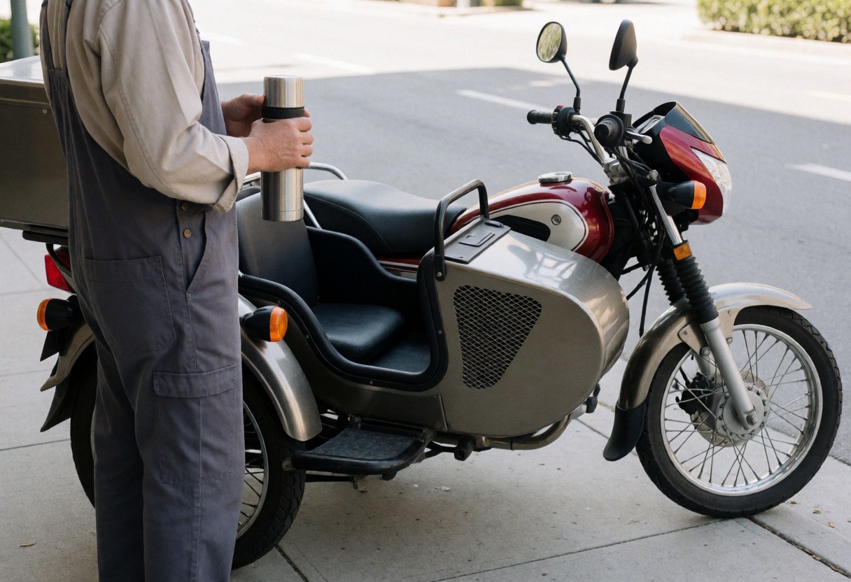 Moto équipée d'un sidecar stationnée sur le trottoir, conducteur en combinaison tenant un thermos, scène de mototaxi prête à intervenir avec une bonne ventilation.