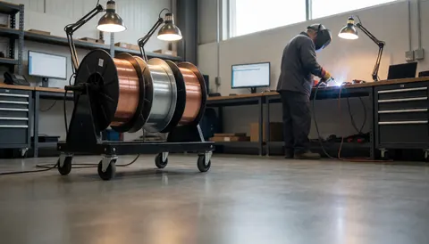 Soudeur professionnel équipé d'un casque et de gants, travaillant à l'arc électrique dans un atelier industriel au sol poli avec un chariot de bobines de fil.