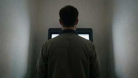 Vue arrière d'un voyageur seul interagissant avec un écran tactile dans un terminal moderne aux murs blancs et à l'éclairage tamisé.