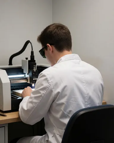 Technicien portant des lunettes de sécurité utilisant une machine de gravure laser dans un atelier de horlogerie pour un travail de précision.