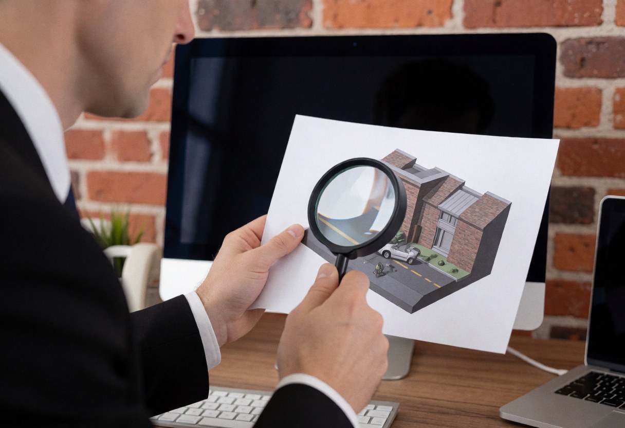 Un homme en costume utilise une loupe pour analyser un modèle 3d d'accident sur un écran dans un bureau moderne avec un mur en briques.