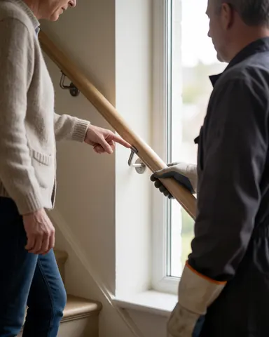 Un client pointe du doigt une nouvelle rampe installée tandis qu'un technicien en gants vérifie le support métallique d'un escalier intérieur baigné de lumière naturelle.