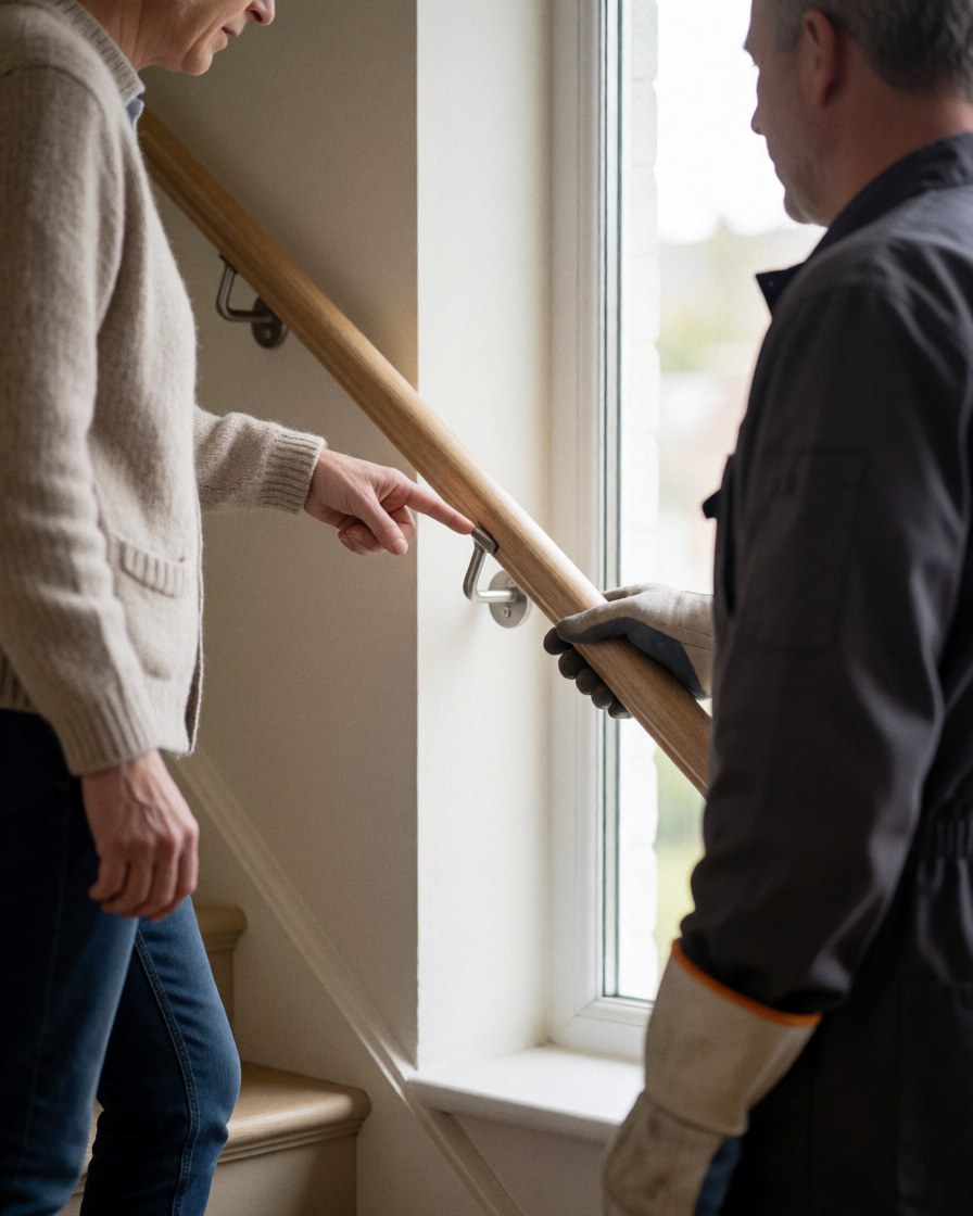 Un client pointe du doigt une nouvelle rampe installée tandis qu'un technicien en gants vérifie le support métallique d'un escalier intérieur baigné de lumière naturelle.