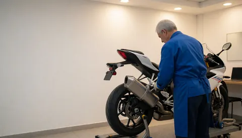 Un mécanicien installe un nouveau système d'échappement en titane sur une moto sportive blanche posée sur un support dans un atelier aux murs blancs et à l'éclairage chaud.