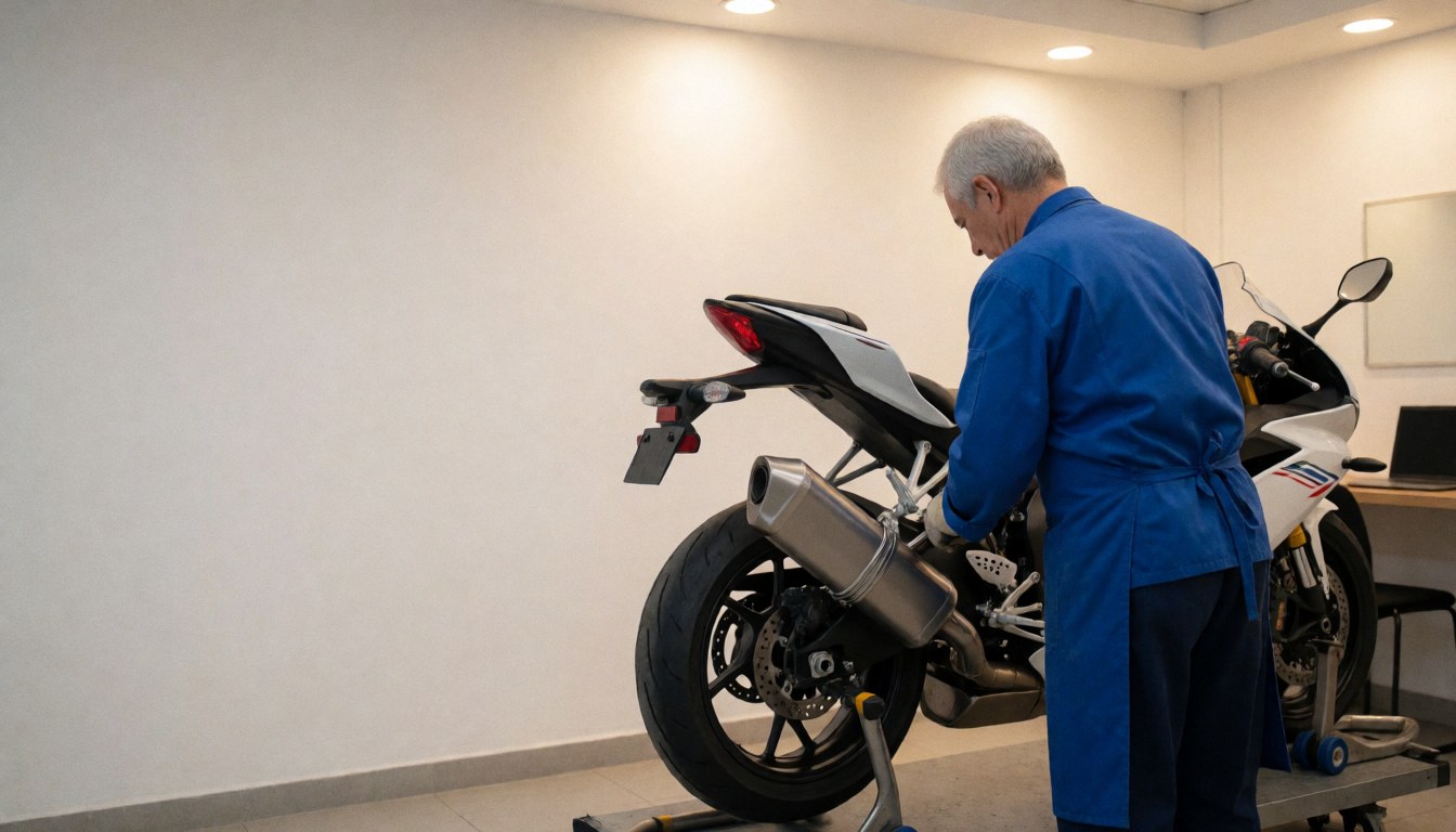 Un mécanicien installe un nouveau système d'échappement en titane sur une moto sportive blanche posée sur un support dans un atelier aux murs blancs et à l'éclairage chaud.
