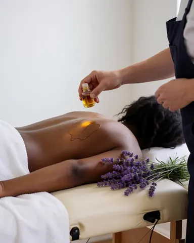Un thérapeute applique de l'huile de lavande sur le dos d'un client allongé sur une table de massage, avec des branches de lavanda fraîche à proximité dans un cadre relaxant.