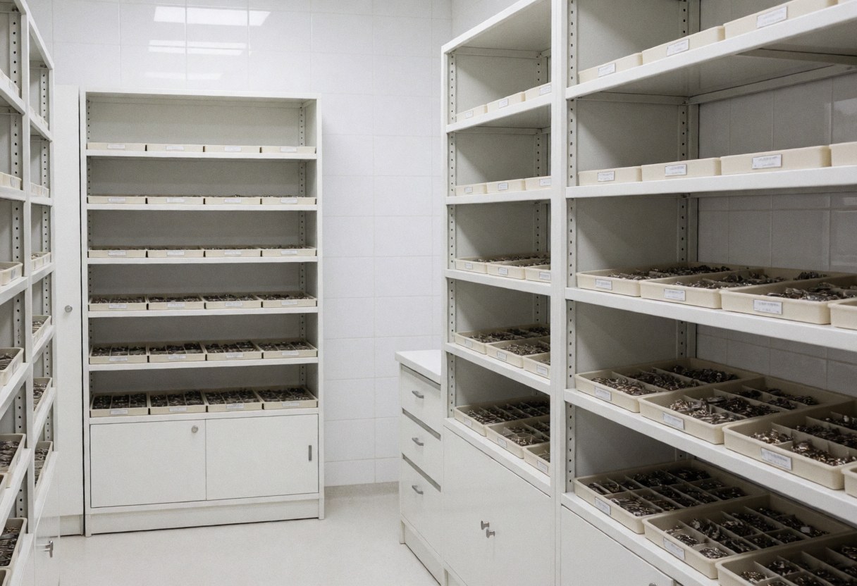 Salle de stockage de pièces de montres avec étagères blanches, boîtes métalliques organisées, murs carrelés et sol propre pour atelier de réparation horlogère.