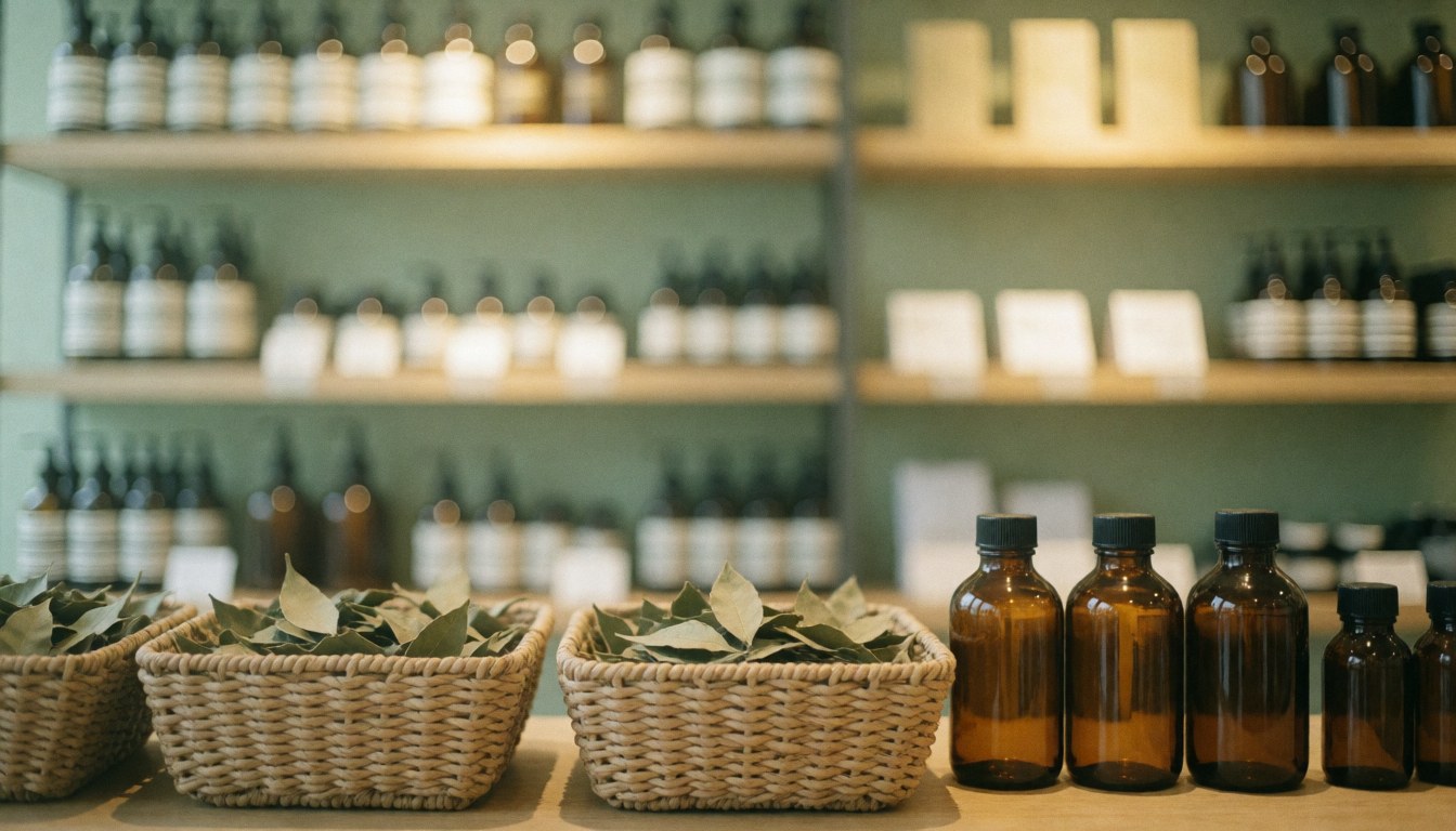 Fond de boutique de médecine traditionnelle avec des bouteilles en verre ambré et des paniers en osier contenant des feuilles sèches, éclairage chaleureux et couleurs vertes et marron.