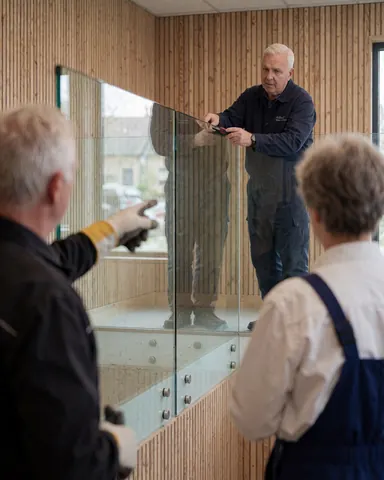 Un technicien installe une rambarde en verre trempé dans un intérieur aux murs en bois, tandis qu'un client observe la prestation.