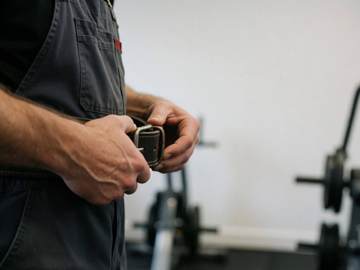 Gros plan d'une main ajustant une ceinture en cuir épais dans un gymnase avec un fond flou d'équipement et un mur blanc pour la préparation à l'entraînement.