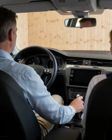 Une cliente examine l'intérieur propre et ordonné de sa voiture, avec vue sur le tableau de bord, le rétroviseur et la main sur le levier de vitesse.