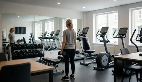Une femme tenant des haltères dans un gymnage lumineux avec des miroirs, des machines de cardio et de grandes fenêtres.