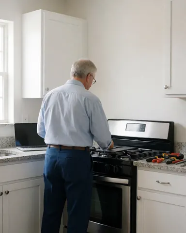 Un technicien effectue une réparation sur une cuisinière à gaz dans une cuisine moderne équipée d'un plan de travail en granit et d'outils posés sur une table.