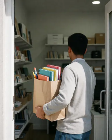 Une cliente quitte une papeterie en portant un sac rempli de carnets et de crayons, baignée par la lumière naturelle à l'entrée.