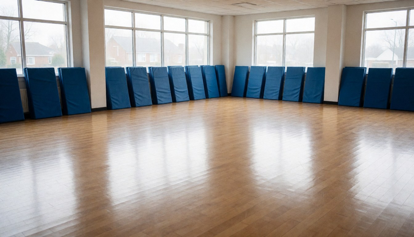 Dojo de karate vide avec des tapis bleus empilés contre les murs et un sol en bois poli, idéal pour une page d'accueil de site web.
