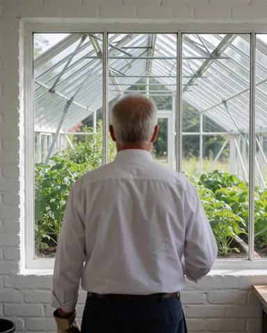 Un homme de dos observe une serre aux vitres transparentes, des plantes vertes, des murs blancs et une lumière solaire éclatante.