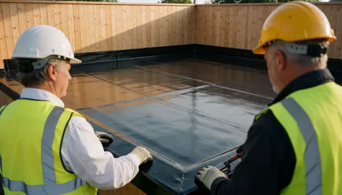 Deux professionnels en casques et gilets jaunes posent une membrane de bitume brillant sur un toit plat entouré de murs en bois au coucher du soleil.
