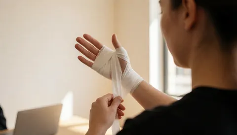 Une femme enroule une bande blanche autour de sa main dans un gymnase pour se préparer à l'entraînement de boxe.