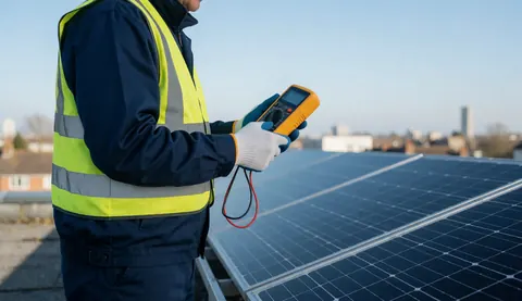 Technicien en gilet jaune mesurant le voltage avec un multimètre sur des panneaux solaires en toiture avec vue urbaine