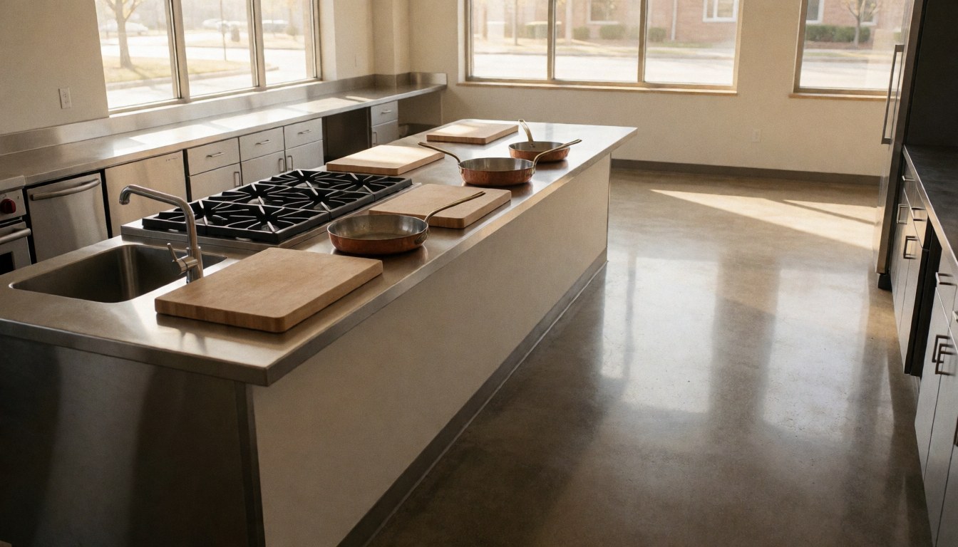 Cuisine professionnelle vide équipée d'une cuisinière à gaz, d'un évier, de planches à découper et de grilles en cuivre, baignée de lumière naturelle.