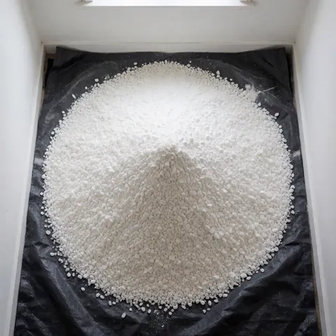 Vue de dessus d'une pile de sable blanc sur un tarp noir, dans un espace aux murs blancs, servant de matériau pour la construction de courts de tennis professionnels.