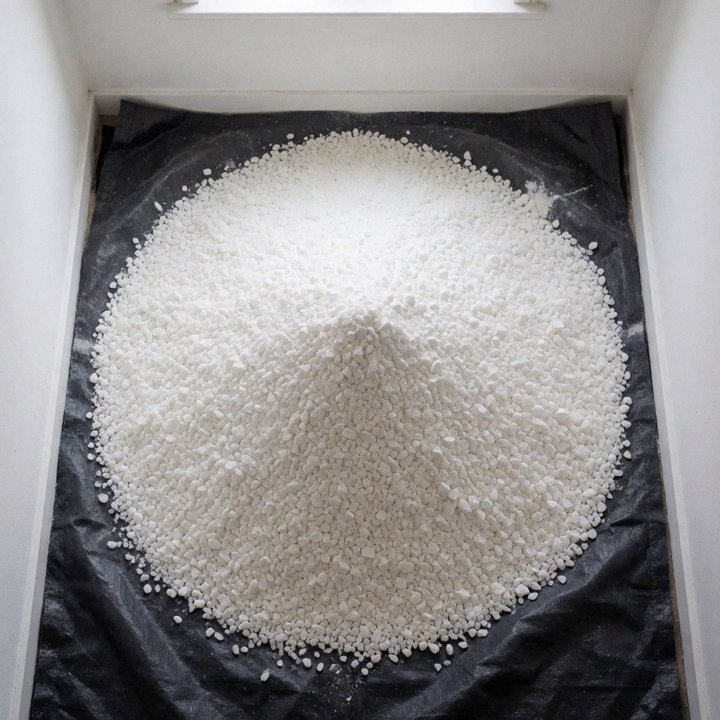 Vue de dessus d'une pile de sable blanc sur un tarp noir, dans un espace aux murs blancs, servant de matériau pour la construction de courts de tennis professionnels.