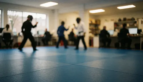 Fond de studio d'arts martiaux avec des tapis bleus, des silhouettes en mouvement et des lumières au plafond, idéal pour ajouter du texte.