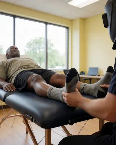 Un thérapeute effectue un massage des pieds sur un client allongé sur une table dans une pièce aux murs jaunes et grandes fenêtres.