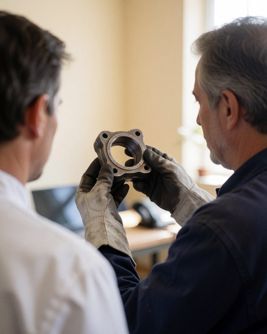 Un technicien en gants tient une pièce métallique pour inspection tandis qu'un client observe dans un atelier bien éclairé.