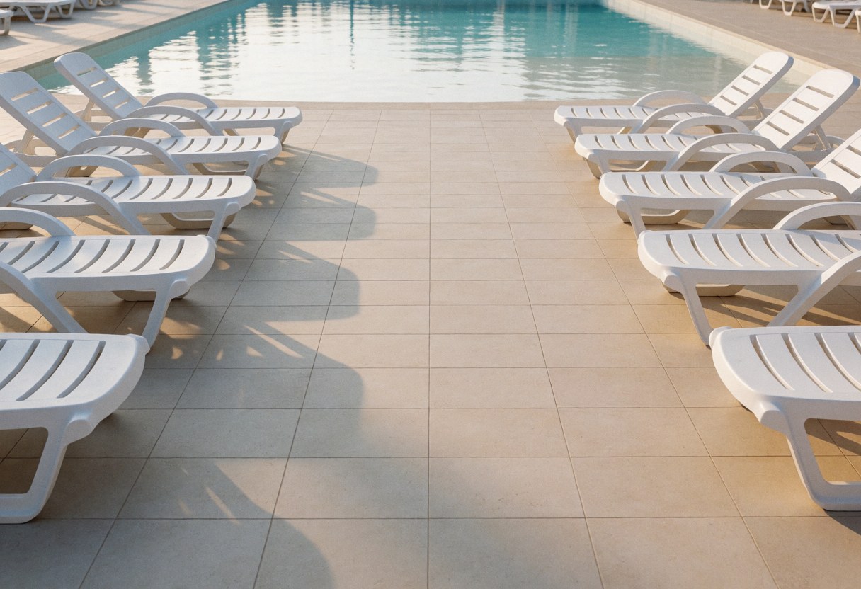 Des chaises de plage blanches sont disposées sur un sol carrelé beige, face à une piscine aux eaux claires, baignée par une douce lumière matinale.