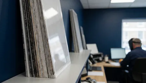 Piles d'affiches sans cadre dans un atelier d'impression, avec un professionnel travaillant à un bureau équipé d'un ordinateur en arrière-plan.