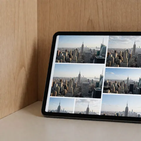 Tablette posée sur une surface blanche avec des murs en bois clair, montrant une galerie de photos panoramiques de ville, idéale pour un photographe.