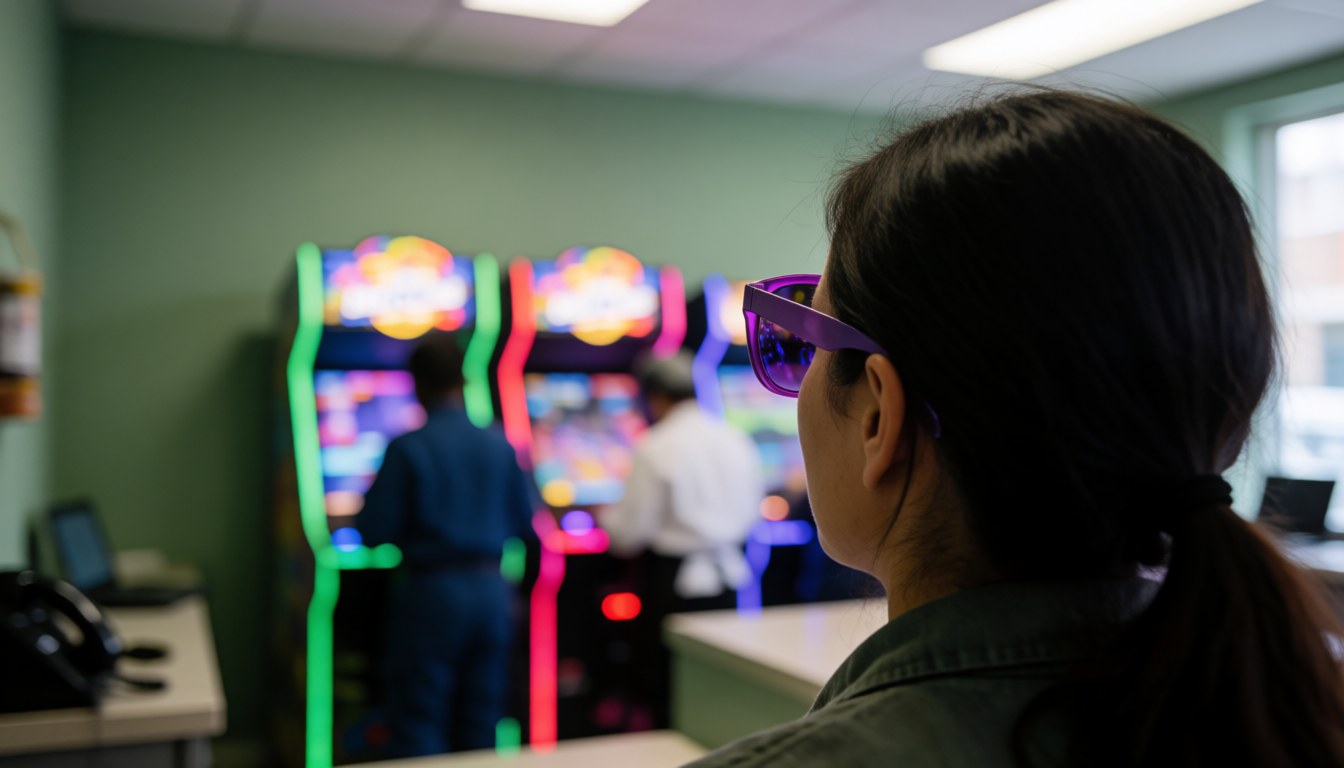 Une femme aux lunettes violettes observe avec intérêt les jeux d'arcade lumineux dans un centre de loisirs aux murs verts.