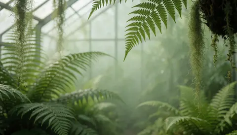 Fond de serre avec fougères vertes et mousse suspendue, éclairé par une lumière diffuse, idéal pour textes commerciaux